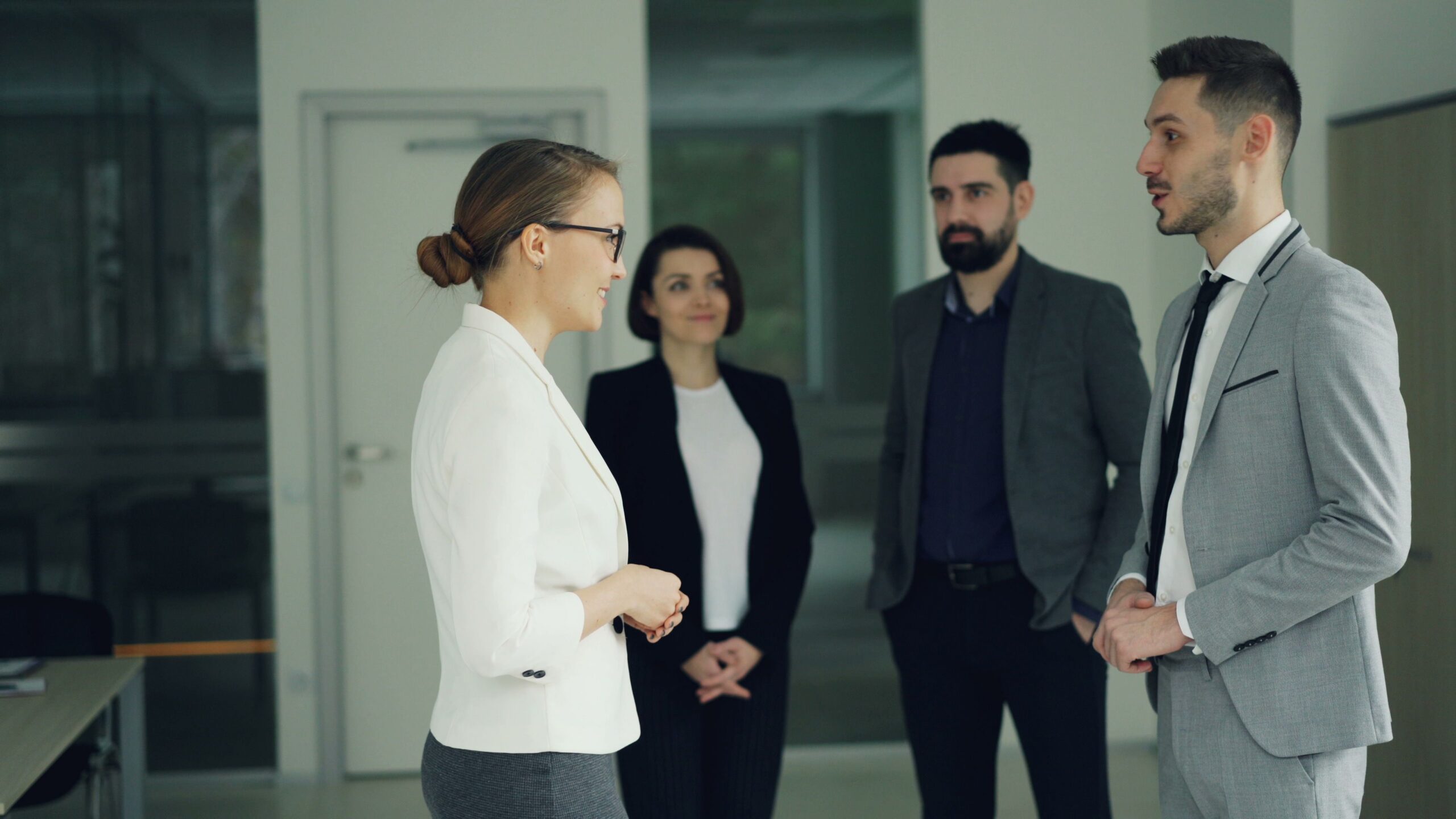Employees having a conversation.
